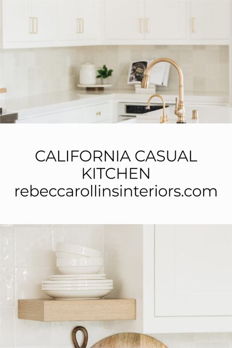 California Kitchen. California Casual Design. White Kitchen. Brass accents. Open Shelving. Quartz Counter Tops. Coastal Casual Kitchen, California Casual Kitchen Ideas, California Cool Kitchen, California Casual Interior Design Kitchen, California Coastal Kitchen Design, California Cool Interior Design Kitchen, California Coastal Kitchen Backsplash, California Kitchen Style, California Kitchen