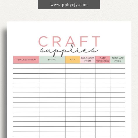 Craft Supplies Inventory Tracker Printable Template Craft Templates Printable, Craft Supplies Inventory, Inventory Printable, Inventory Tracker, Business Taxes, Office Tips, Teacher Art, Art Cabinet, Business Printables