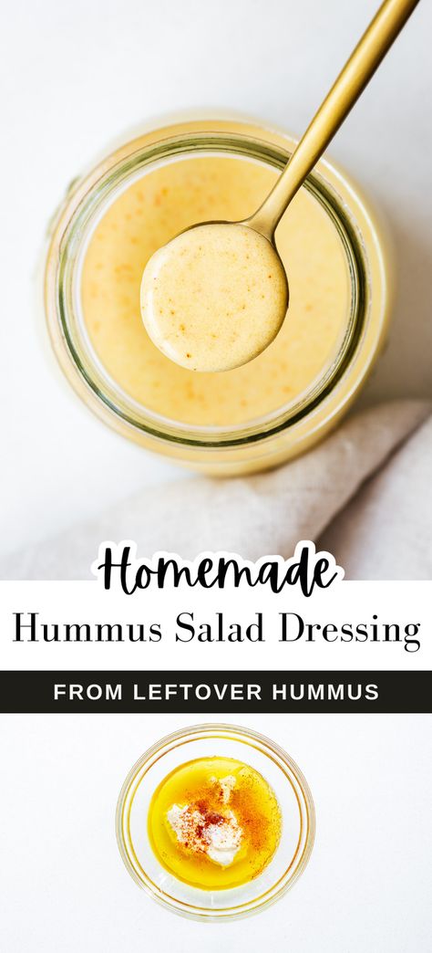 This creamy homemade hummus salad dressing is the perfect way to add flavour to your salads and sandwiches! Made with just 5 ingredients, including leftover hummus and lemon juice, this delicious dressing is vegan and a healthier option compared to other creamy salad dressings. Use it as a dip for warm pita bread or drizzle it over your favourite greens for a delicious and satisfying meal. This homemade hummus dressing is a must-try for any hummus lover! Hummus Salad Recipe, Leftover Hummus Recipes, Salad With Hummus Dressing, Hummus Sauce Recipe, Healthy Creamy Salad Dressing, Hummus Vinaigrette Dressing, Hummus Dressing Recipe, Home Made Salad Dressing Recipes Healthy, High Protein Salad Dressing