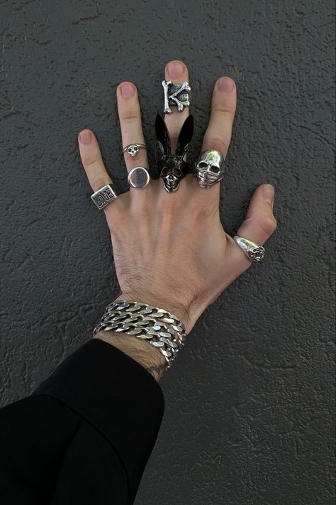 Edgy Rings Aesthetic, Bracelet Boys, Landon King, God Of Ruin, A Life Less Ordinary, Mens Skull Rings, Aesthetic Rings, Edgy Jewelry, Legacy Of Gods