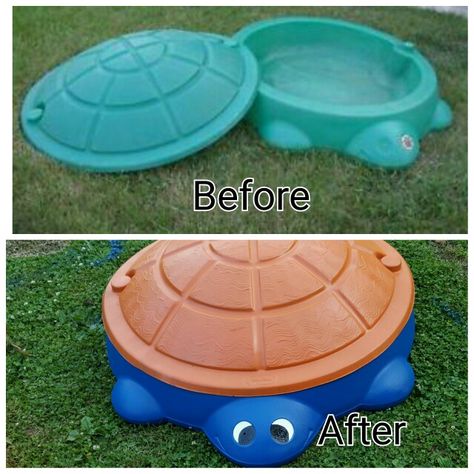 I found this Little Tikes Turtle abandonded along the  curbside.When I asked the man working outside if they were throwing it away and he said that they were  this  Little Tikes Turtle Sandbox became my first Little Tikes makeover. I used Krylon Fusion spray paint. I prepared surface according to directions.  I painted the eyes with outdoor paint, which I already had. Turtle sandbox $0. Spray paint 3 cans total each about $3.50=$10.50. Little Tikes Makeover, Working Outside, Man Working, Upcycle Ideas, Kids Outdoor Play, Diy Kids Toys, Backyard Playground, Outdoor Paint, Little Tikes