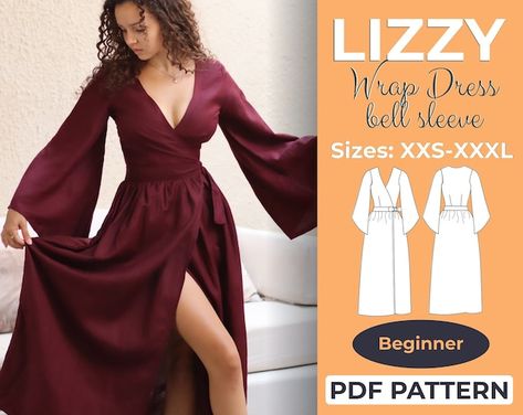 Long Wrap Dress Pattern, One Size Fits All Sewing Patterns, Sewing Wrap Dress, V Neck Dress Pattern Sewing, Long Sleeve Pattern Sewing, Satin Dress Pattern, Christmas Dress Pattern, Long Dress Sewing Patterns, Long Sleeve Dress Pattern