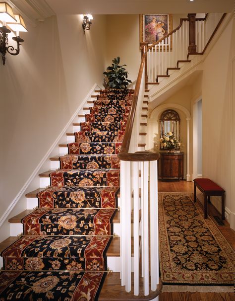 Zoroufy's Heritage Collection stair rods on a staircase with a carpet runner. Staircase Runner Ideas, Stair Carpet Rods, Staircase Carpet Runner, Carpet Staircase, Staircase Runner, Stair Rods, Stair Carpet, Hallway Carpet Runners, Buying Carpet