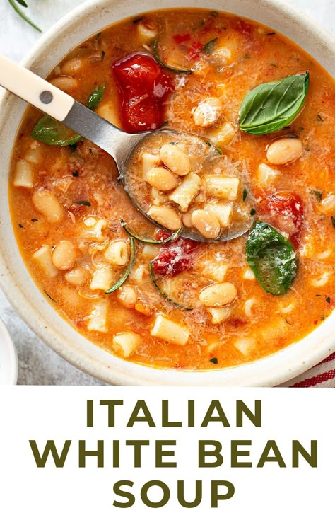 Italian White Bean Soup White Bean Tomato Pasta, Bean And Macaroni Soup, Crockpot White Bean Soup Recipes, Vegetable White Bean Soup, White Bean Soup With Pasta, White Bean And Pasta Recipes, White Bean And Pasta Soup, Italian Cannellini Beans, White Bean Orzo Soup