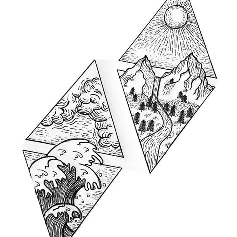 Os Illustration Tattoo, Nature Line Drawing, Geometric Shape Tattoo, Element Tattoo, Mountains And Trees, 달력 디자인, Kunst Tattoos, Elements Tattoo, Men Tattoos