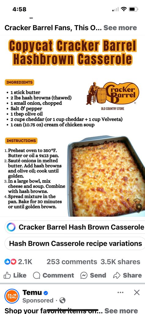 Cracker Barrel Hashbrown Casserole, Easy Camping Meals, Hash Brown Casserole, Tv Food, Easy Camping, Cracker Barrel, Saute Onions, Easy Family Meals, Cream Of Chicken