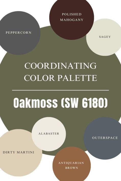 Sherwin Williams Oakmoss - the perfect earthy green paint color for your home. Check out the complete paint color review! Sherwin Williams Oakmoss Exterior, Sherwin Williams Oak Moss Paint, Sw Macadamia Paint, Oakmoss Sherwin Williams Cabinets, Sw Oakmoss Paint, Parisian Patina Sherwin Williams, Oak Moss Sherwin Williams, Sw Oakmoss, Oakmoss Sherwin Williams