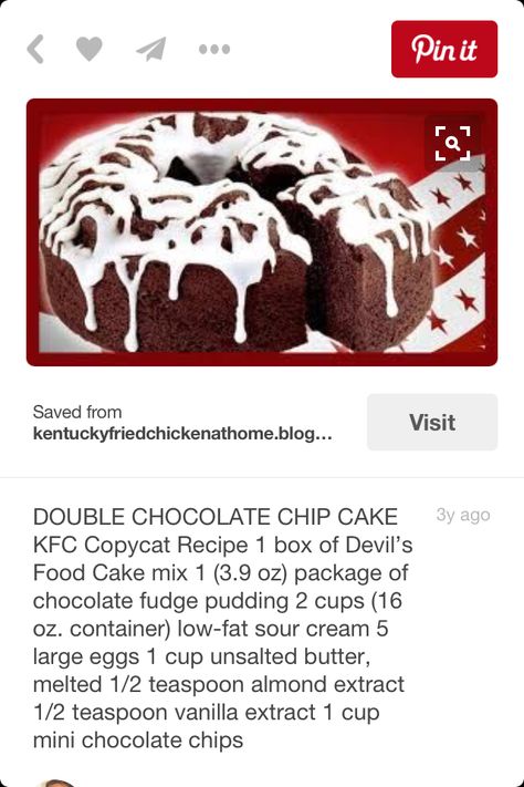 Kfc Chocolate Chip Cake Recipe, Kfc Chocolate Cake Recipe, Double Chocolate Chip Cake, Kfc Cake, Copycat Kfc, Chocolate Chip Cake Recipe, Chocolate Chip Bundt Cake, Boxed Cake Mixes Recipes, Devils Food Cake Mix Recipe