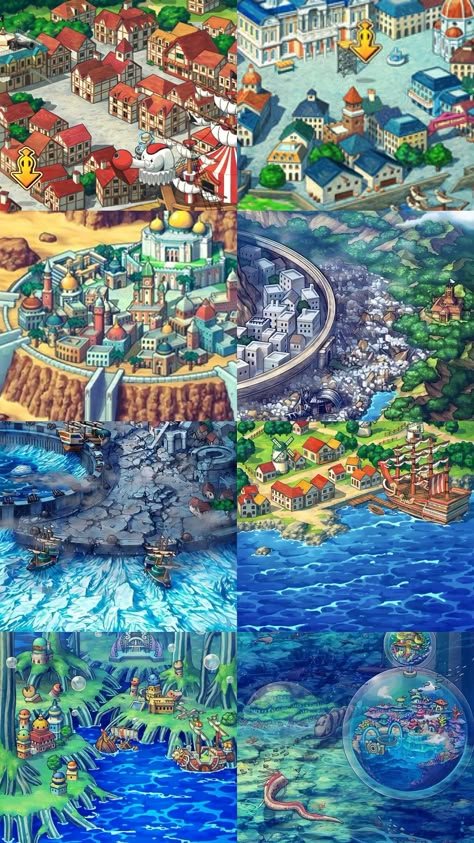 One Piece Sea Wallpaper, Egghead Island One Piece Wallpaper, One Piece World Building, One Piece Landscape Wallpaper, One Piece Background Landscape, One Piece World Map, One Piece Landscape, Water 7 One Piece, One Piece Islands