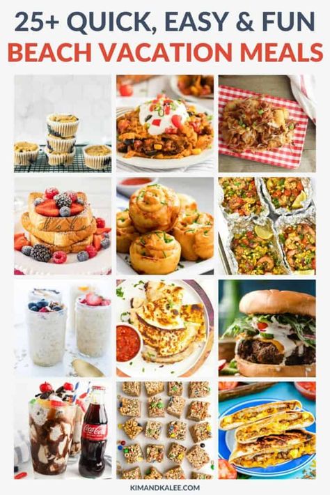 Quick & Easy Beach Vacation Meals - 25 simple and fun meals for your family's summer trip to a beach condo rental! Includes a 7-day meal plan with breakfast, lunch, dinner, snacks, and dessert recipes #beachvacation #vacationmeals Food Ideas For Family, Vacation Dinner Ideas, Family Vacation Meals, Beach Vacation Meals, Easy Vacation Meals, Vacation Meal Planning, Fun Meals, Beach Vacation Spots, Vacation Dinner