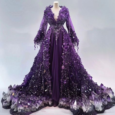 Would you wear these dresses 👗? These images are generated using AI #crystals #gemstone #dress Mystical Dresses, Gemstone Dress, Amethyst Dress, Rhinestone Wedding Dress, Oc Stuff, Portfolio Ideas, Theme Dress, Crystal Fashion, Fairytale Dress