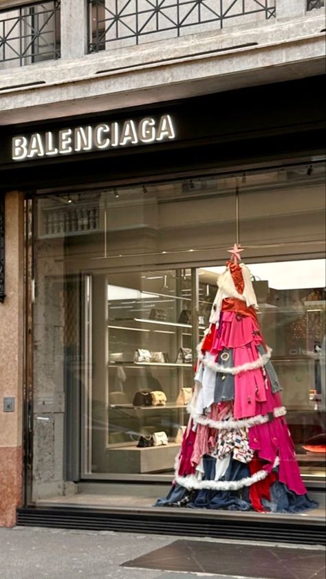 Milan Italy Aesthetic, Store Christmas Tree, Milan Aesthetic, Balenciaga Store, Ribbon Display, Italy Milan, Italy Aesthetic, Store Window, Aesthetic Boy