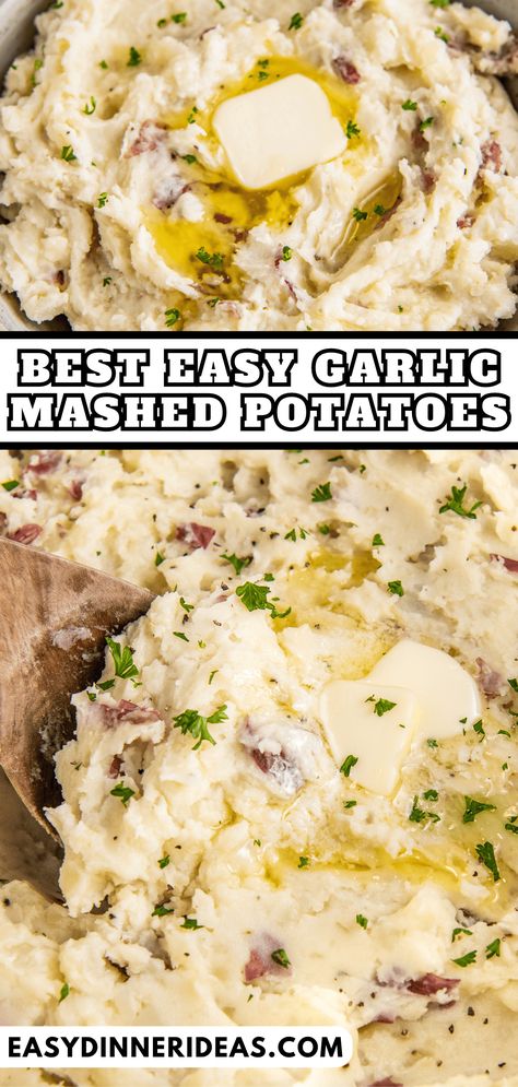 These decadent Garlic Mashed Potatoes are the ultimate creamy and garlicky side dish. Loaded with sour cream and heavy cream for richness, and finished with just the right amount of garlic, you will definitely want seconds! Creamy Garlic Mashed Potatoes, Make Ahead Mashed Potatoes, Creamy Mashed Potatoes Recipe, Garlic Mashed Potatoes Recipe, Best Mashed Potatoes, Creamy Mash, Easy Potato Recipes, Making Mashed Potatoes, Garlic Mashed Potatoes