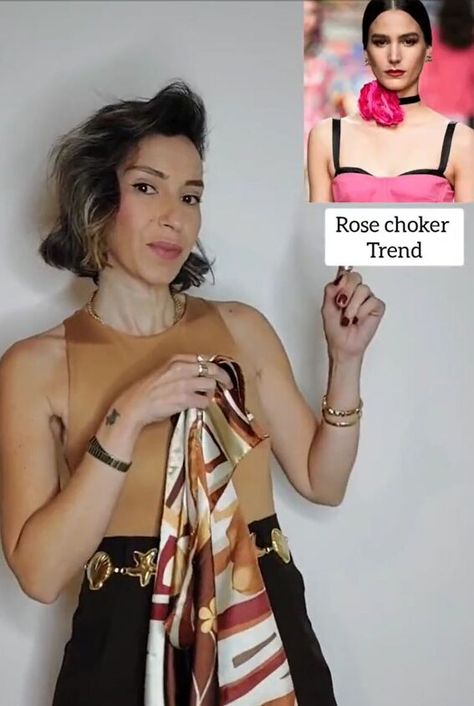 Rose Scarf Tutorial, Scarf Rose Knot, Scarf Flower Knot, Scarf Hacks, Rose Choker, Rose Scarf, Short Scarves, Modest Apparel, Scarf Knots