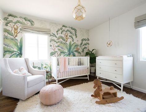 Super cute nursery with blush tones and jungle wallpaper. Girl Jungle Nursery, Gorgeous Nursery, Babyletto Hudson, Nursery Interior Design, Safari Theme Nursery, Nursery Room Design, Girl Nursery Room, Jungle Nursery, Crib Skirt