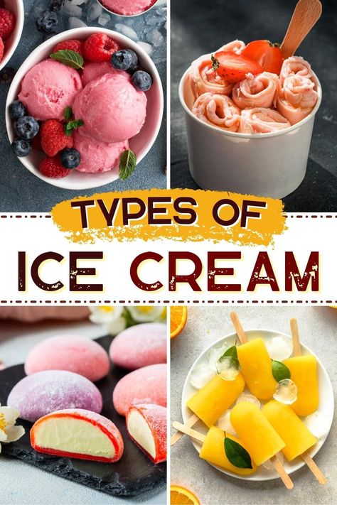 These different types of ice cream are sure to cool you off any time! From gelato to sherbet to soft serve, you'll love each tempting variety. Type Of Ice Cream, Types Of Ice Cream, Types Of Ice, Ice Popsicle, Mochi Ice Cream, Cold Treats, Italian Ice, Japanese Dessert, Frozen Treat