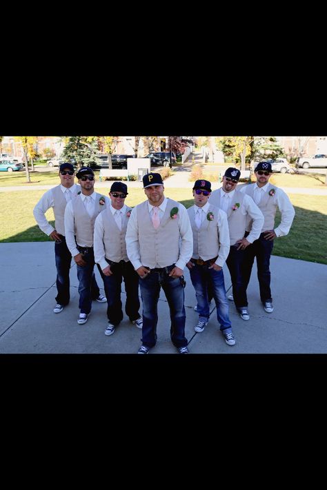 My groom Rustic groomsmen in jeans and ball caps, but not sloppy. Groom Attire With Sneakers, Groomsmen With Ball Caps, Groom Ball Cap Wedding, Jeans Wedding Attire Groomsmen Navy, Wedding Ball Caps For Groom, Groomsmen Casual Attire Jeans, Groom Attire With Hat, Groomsmen In Jeans, Groomsmen Jeans