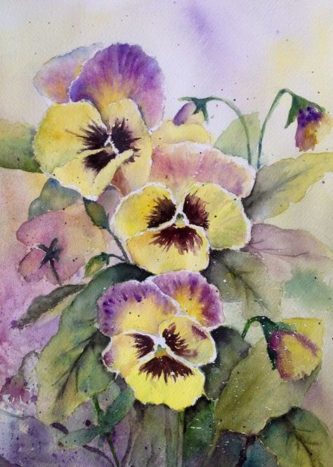 yellow pansies - Mahjabin - Paintings & Prints, Flowers, Plants, & Trees, Flowers, Flowers I-Z, Pansy - ArtPal Pansies Flowers, Watercolor Flower Art, Watercolor Flowers Paintings, Creative Painting, Watercolor Inspiration, Botanical Flowers, Floral Botanical, Botanical Art, Pansies