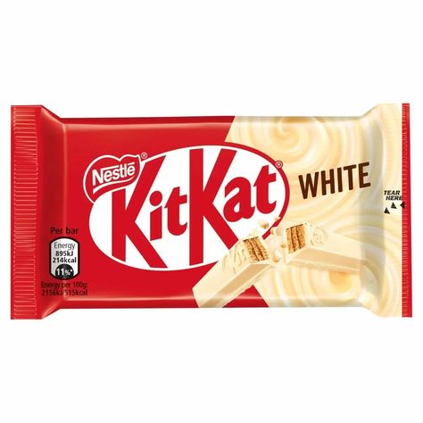 Four crisp wafer fingers covered with a white coating Ideal for a break at home or work 24 x 41.5g Bars Kit Kat White is a new way to take a break. Unwrap, break off a finger, snap it in two and savour the crispy wafer finger covered in a deliciously smooth white coating with a perfect chocolate to wafer ratio. Ideal for a break at home or work, made with no artificial colours, flavours or preservatives, and suitable for vegetarians. Kit Kat was first launched in 1935 as 'Rowntree’s Chocolate Cr Kitkat Packaging, Kit Kat White, Chocolate Crisp, Peanut Tree, White Chocolate Bar, Bakery Packaging, Grocery Foods, Grocery Items, Chocolate Sweets