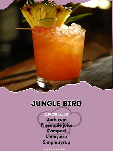 🌴 Escape to the tropics with the Jungle Bird cocktail! 🍹 #JungleBird #TropicalVibes Jungle Bird Ingredients: Dark rum (1 1/2 oz) Pineapple juice (1 1/2 oz) Campari (3/4 oz) Lime juice (1/2 oz) Simple syrup (1/2 oz) Ice Instructions: Combine all ingredients in a shaker with ice. Shake well and strain into a glass filled with ice. Garnish with a pineapple slice. Enjoy the perfect blend of bitterness and tropical sweetness! 🍍🍹 #TropicalEscape #CocktailHour #Cheers #RumLovers #ExoticDrinks Extravagant Cocktails, Alcoholic Jungle Juice, Summer Drinks Alcohol Recipes, Jungle Bird, Bartender Drinks, Summer Drinks Alcohol, Cocktail Drinks Alcoholic, Gin Drinks, Yummy Alcoholic Drinks