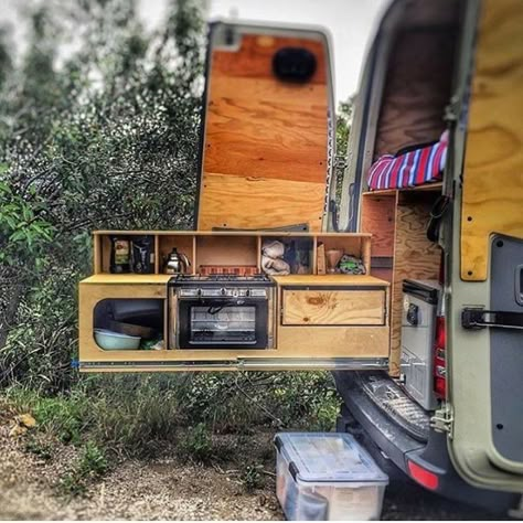 openroadlifeSome people like to cook inside. With this slide out setup it lets you cook outside. Kombi Trailer, Camper Van Kitchen, Van Interiors, Rv Conversion, Kangoo Camper, Camper Repair, Kombi Motorhome, Camper Build, Camper Kitchen