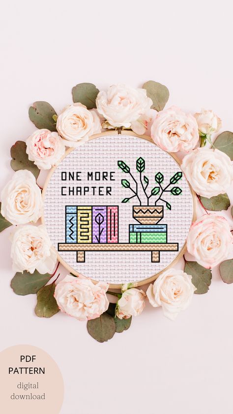 Digital cross stitch pattern featuring a book shelf with pastel books on - backstitch design on spines and a plant one with a saying "One more chapter" Book Cross Stitch Pattern Free, Bookish Cross Stitch Patterns, Books Cross Stitch Pattern, Bookish Cross Stitch, Book Cross Stitch Pattern, Books Cross Stitch, Book Cross Stitch, Granny Style, Stitch Gift