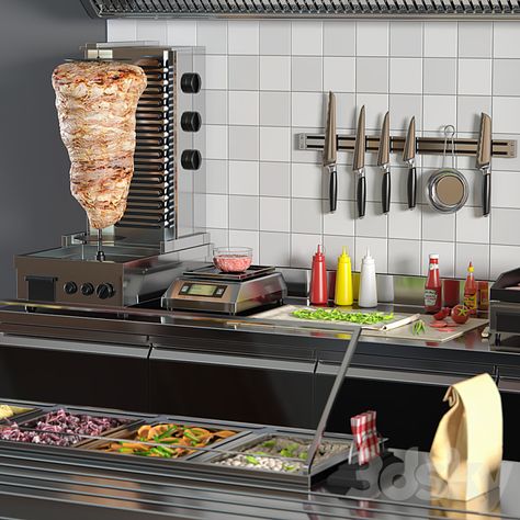 Kebab / shawarma - Restaurant - 3D model Shawarma Restaurant, Food Stall Design, Cocktail Illustration, Commercial Refrigerators, Cafe Shop Design, Stall Designs, Food Stall, Diy Paper Crafts Decoration, Food Cart