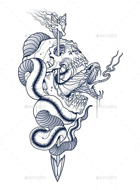 Drawing Of A Snake, Snake And Dagger Tattoo, Scary Skull, Goth Tattoo, Kunst Tattoos, Japan Tattoo Design, Scary Tattoos, Kawaii Tattoo, Tattoo Graphic