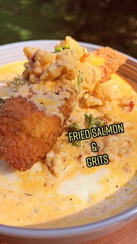 Salmon With Lobster Sauce, Salmon And Grits Recipes, Salmon Grits, Salmon And Grits, Deep Fried Salmon, Salmon With Cream Sauce, Birthday Dinner Recipes, Lobster Cream Sauce, Cajun Cream Sauce