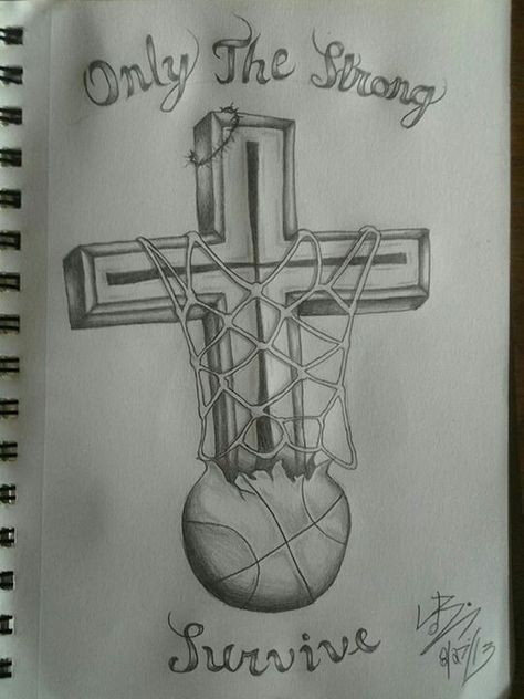 Basketball Cross Tattoo Design. Cross Tattoo Design, Tattoos Sketches, Basketball Tattoos, Basketball Drawings, Name Drawings, Half Sleeve Tattoos Drawings, Ball Drawing, Cross Tattoo Designs, Tattoos For Black Skin