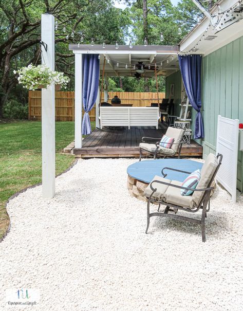 Gravel Patio With Gazebo, Gravel Porch Ideas, White Gravel Patio, Gravel Sitting Area Backyard, Gravel Patio Ideas Budget, Diy Gravel Patio, Gravel Yard, Gravel Patio Ideas, Lake Patio