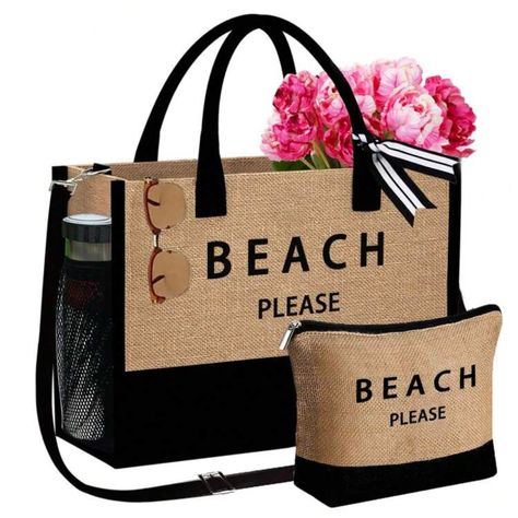 These Black And Tan Tote Bags Are Perfect For Beach Outings, Featuring A Stylish 'Beach Please' Print. Made From Durable Materials, They Offer Both Functionality And A Trendy Look. Tan Tote Bag, Beach Please, Bag Set, Large Tote, Black Tan, Text Color, Black And Tan, Womens Tote Bags, Cosmetic Bag