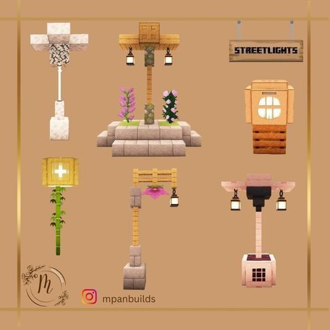 Street Lamp Design Minecraft, Minecraft Decorations Exterior, Minecraft Outside Lights, Street Light Minecraft Ideas, Minecraft Path Lighting Ideas, Minecraft Ideas To Build Decor, Streetlights Minecraft, Minecraft Cherry Lamp Post, Cherry Blossom Lamp Post Minecraft