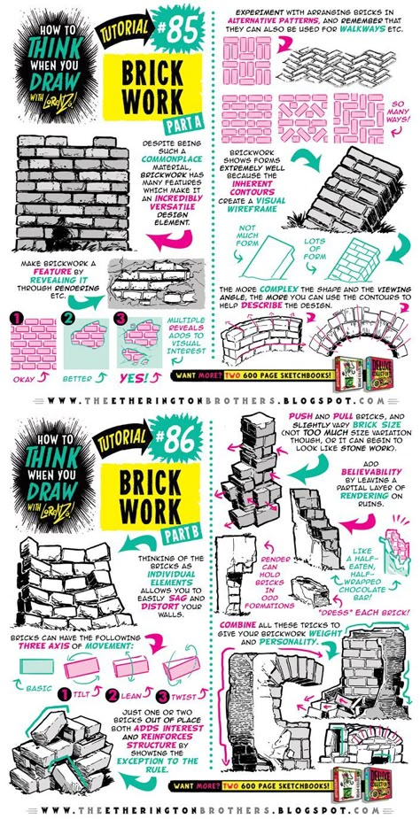 Draw Bricks, 3d Drawing Techniques, Etherington Brothers, Comic Tutorial, How To Think, 3d Drawings, Landscape Drawings, Easy Drawing, Drawing Skills