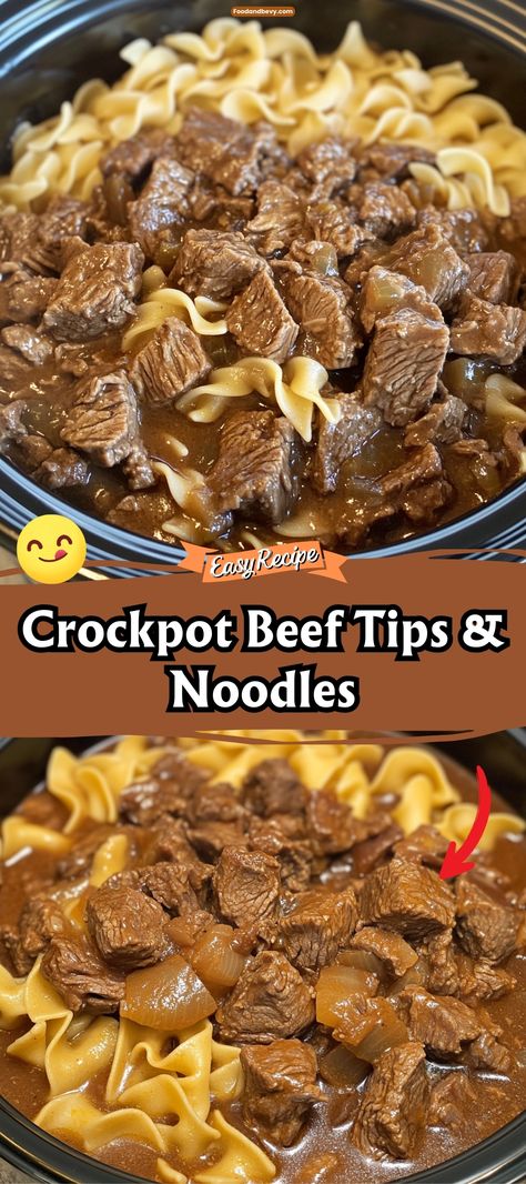 Let your crockpot create a comforting meal with these Crockpot Beef Tips & Noodles. Tender beef tips slow-cooked in a savory gravy, served over a bed of warm noodles, make for a hearty and delicious meal that’s perfect for any day of the week. Just set it in the morning and come home to a dinner that’s ready to enjoy. #CrockpotDinner #BeefTips #ComfortFood Slow Cook Beef And Noodles, Crockpot Beef Tips And Noodles Easy, Beef Tips And Noodles Crock Pot Recipes, Beef Tip And Noodles Crock Pot, Beef Tips In Crockpot Slow Cooker, Crockpot Beef Tips & Noodles, Beef Tips And Noodles Crock Pot Slow Cooker Easy Recipes, Slow Cooker Beef Tips And Noodles, Beef And Noodles Recipe Crockpot