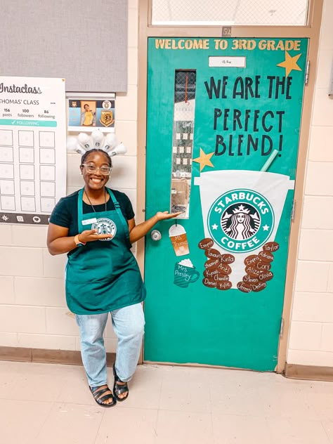 Coffee Door Decorations For School, Starbucks Classroom Door, Coffee Shop Classroom Theme High School, Coffee Shop Theme Classroom, Starbucks Door Decoration, Starbucks Classroom Theme, Coffee Classroom Theme, Classroom Coffee Station, Cafe Classroom Theme