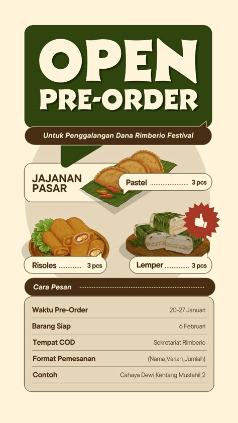 Desain IG Story Open Pre-Order Makanan ini cocok banget buat kamu yang mau promosiin menu makanan spesial. Desainnya keren dan mudah banget diedit, mulai dari warna, teks, grafis, sampai foto. User bisa sesuaikan dengan branding sendiri. Yuk, buat pre-order jadi lebih menarik dan bikin pelanggan tertarik buat pesan. Menu Poster Ideas, Logo Brand Makanan, Pre Order Design Poster, Pre Order Poster, How To Order Template, Logo Design Makanan, Poster Food Design, Food Design Poster, Food Menu Design Ideas