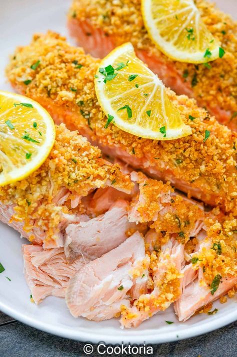 Baked Panko Breaded Salmon Panko Salmon, Salmon Panko, Breaded Salmon, Baked Trout, Crispy Fish, Twice Baked Potatoes Casserole, Mediterranean Quinoa Salad, Roasted Fingerling Potatoes, Fish Dinner Recipes