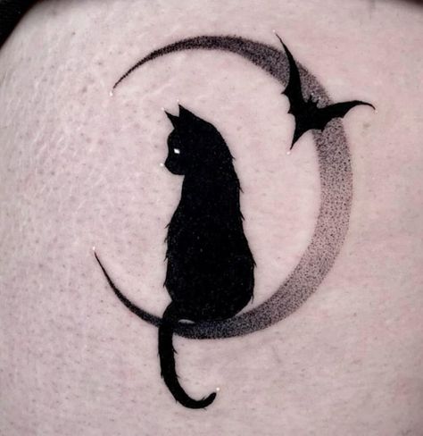 minimal cat moon tattoo design Crescent Moon Tattoo Meaning, Cat Silhouette Tattoos, Tattoo Gato, Half Moon Tattoo, Luna Tattoo, Cat Tatto, Goth Tattoo, Black Cat Tattoos, Crescent Moon Tattoo