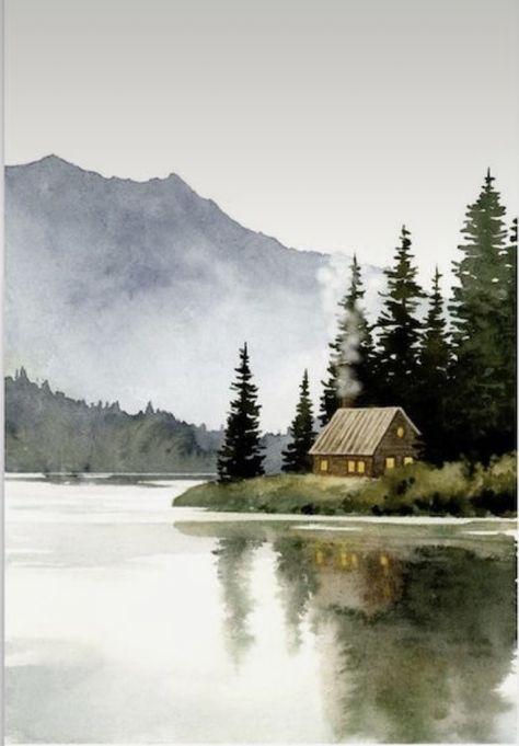 Watercolor Mountains Tutorial, Cabin Painting, Canada Landscape, Winter Wall Decor, Wall Art Winter, Watercolor Scenery, Forest Cabin, Watercolor Architecture, Lake Painting