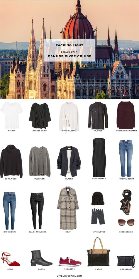 What to Pack for a Danube River Cruise Packing Light List #packinglist #packinglight #travellight #travel #livelovesara European River Cruise Wardrobe Fall, Fall River Cruise Wardrobe, Danube River Cruise Packing, River Cruise Outfits, Cruise Wardrobe, Winter Cruise, Cruise Clothes, Cruise Packing List, Fall Packing