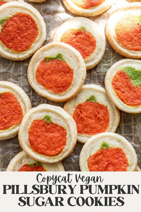 Soft, chewy, and quite literally identical in taste and texture, these copycat Pillsbury pumpkin sugar cookies are made with the simplest slice n' bake cookie dough, and no eggs nor dairy is needed! Sugar Free Vegan Desserts, Vegan Christmas Cookies Recipes, Gluten Free Vegan Recipes Desserts, Vegan Dessert Bars, Pillsbury Sugar Cookies, Easy Vegan Cookies, Vegan Christmas Cookies, Vegan Sugar Cookies, Pumpkin Sugar Cookies