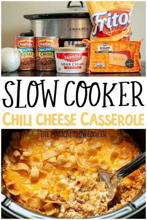 Slow Cooker Chili Cheese Casserole - The Magical Slow Cooker Chili Cheese Casserole, Crockpot Recepies, Struggle Meals, Magical Slow Cooker, Crock Pot Food, The Magical Slow Cooker, Slow Cooker Chili, Cheese Casserole, Crockpot Dishes