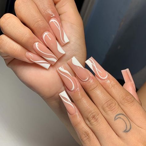 White Nail Designs Coffin, Swirl Manicure, Pink And Yellow Nails, Swirl Nail, Simple Acrylic Nails, French Acrylic Nails, Long Acrylic Nails Coffin, White Nail Designs, Acrylic Nails Coffin Short