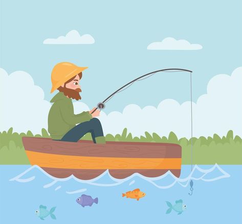 Nature Character, Boat Cartoon, Man Fishing, Free Thanksgiving Printables, Family Coloring Pages, Boat Drawing, Fish Clipart, Pikachu Plush, Kayak Tours