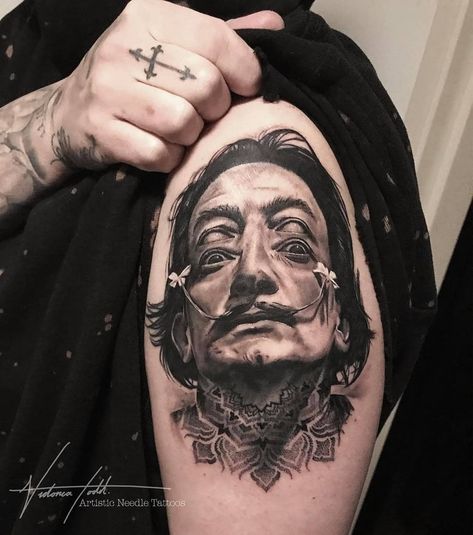 Tattoo Design Black And Grey, Tatto Print, Salvador Dali Tattoo, Portrait Tattoo Design, Buddha Tattoo Sleeve, Victorian Tattoo, Dali Tattoo, Artsy Tattoos, Amsterdam Tattoo