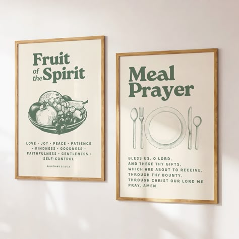 "See our full collection at https://www.olkeningpress.etsy.com Enhance your space with this Retro Sage Green Set of 2 Prints. Fruit of the Spirit and Meal Prayer! Perfect to elevate your home, kitchen Bible Verse For Kitchen, Bless Us Oh Lord And These Thy Gifts, Set Of 6 Prints Wall Art, Fruits Of The Spirit Wall Art, Scripture Home Decor, Fruit Of The Spirit Wall Art, Kitchen Frames Ideas Wall Art, Kitchen Prints Art, Rustic Christian Decor