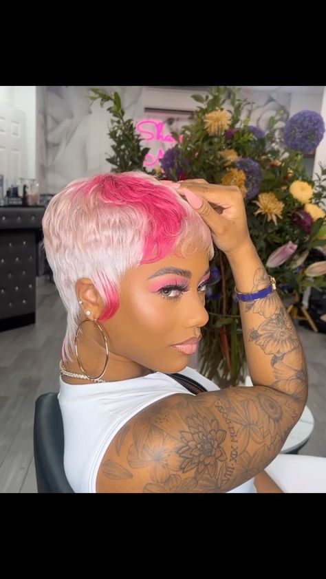 All Posts • Instagram Colorful Short Hair Black Women, Skunk Stripe Pixie Cut, Pixie Color Ideas, Pink And Blonde Natural Hair Black Women, Colored Pixie Cut Black Women, Short Pink Wig Black Women, Colored Pixie Cut, Pink Skunk Stripe Bob Wig, Blonde Wig With Pink Skunk Stripe