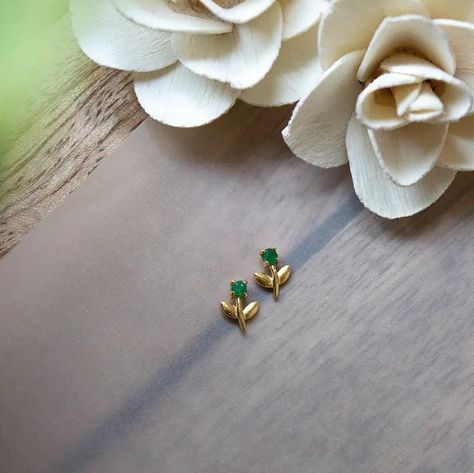 Emerald Stud Earrings, Emerald Earrings Studs, 18k Gold Earrings, Dainty Studs, Tiny Studs, Emerald Earrings, Emerald Gemstone, Pretty Earrings, Gold Jewellery Design