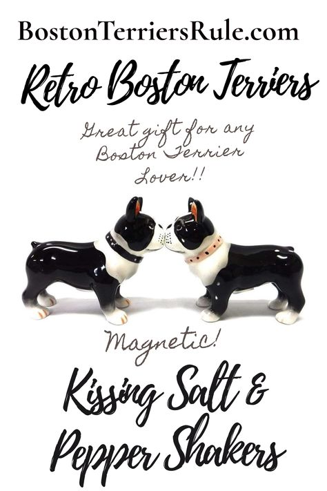 Adorable likeness of Boston Terrier dogs kissing! Perfect decorative accessory for any kitchen countertop, dining room, or office. 3.5” long, 2” wide, and 2” tall. Perfect gift for a housewarming party, birthday, or any celebratory event. Imagine the surprise of a loved one, grandparent, teacher, or coworker when they receive these charming and unique salt and pepper shakers. #affiliate Boston Terrier Pups, Dogs Kissing, Boston Terrier Lover, Bulldog Funny, Boston Terrier Puppy, Boston Terrier Dog, Black Sharpie, Terrier Puppy, Small Business Branding